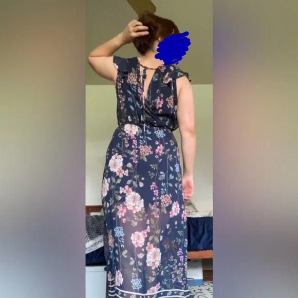 Navy Blue with Pink and Green Florals Wedding Guest Dress - Picture 4 of 4